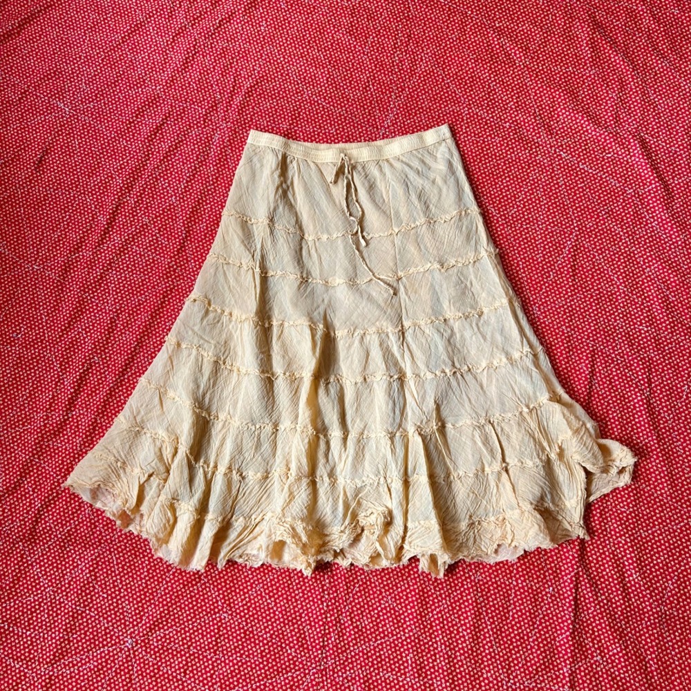 Metrowear Vintage 2000s Tiered Ruffle Maxi Skirt Yellow Cotton Boho Twee Large